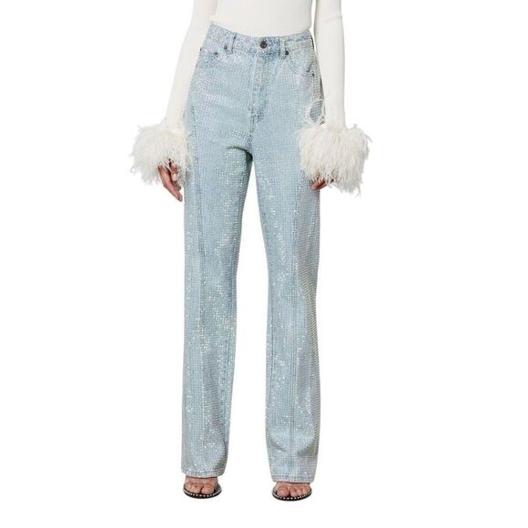 NWT Self-Portrait Blue Rhinestone Embellished High-Waisted Denim Jeans W27 L32 - Picture 2 of 16